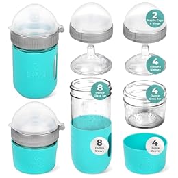 Mason Bottle Baby Glass Bottle Gift Set – Includes 8oz & 4oz Feeding Bottles, Slow & Medium Flow Nipples, Silicone Sleeves, Caps and Rings – BPA-Free, Non-Toxic, Anti-Colic