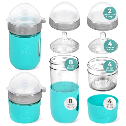 Image of Mason Bottle Baby Glass Bottle Gift Set – Includes 8oz & 4oz Feeding Bottles, Slow & Medium Flow Nipples, Silicone Sleeves, Caps and Rings – BPA-Free, Non-Toxic, Anti-Colic | Includes 4oz+8oz Glass Bottles, Slow+Medium Flow Nipples, Silicone Sleeves, Caps+Rings, BPA-Free, Anti-Colic, Baby Bottle Set