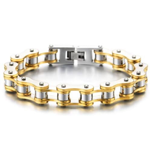 COOLSTEELANDBEYOND Masculino Hombre Cadena Bici Motocicleta Pulsera de Acero Inoxidable, Motocicletas Cadena, Oro Plata Dos Tonos