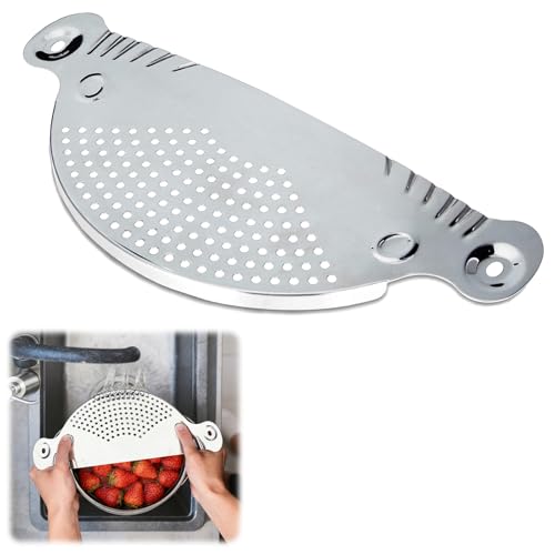 Foonary Colador de pasta de acero inoxidable y ayuda para verter ollas, 33 x 13,5 cm, placa de filtro de media luna, 430, pulido de espejo (325 g), multifuncional para lavar, verter pasta y tamizar