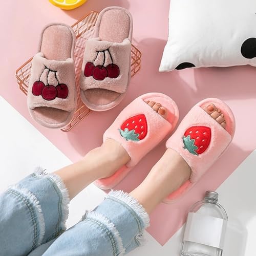 Women's Strawberry Slippers Non-Slip Indoor House Shoes Cute Fruit Plush Cozy Open Toe Cotton Bedroom Home Slippers with Memory Foam Lightweight Travel Portable3