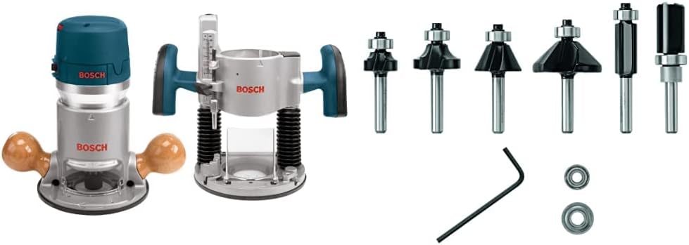 BOSCH 1617EVSPK Wood 12 Amp Router Tool Combo Kit - 2.25 Horsepower Plunge Router & Fixed Base with a Variable Speed&BOSCH 6 pc. Carbide-Tipped Trim and Edging Router Bit Set