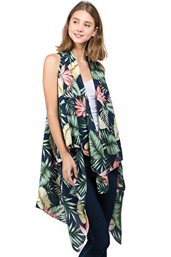 Scarfand Sleeveless Draped Open Front Cardigan Scarf Vest (Medium, Tropical Navy)