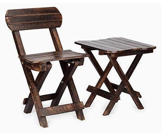 godwill Art Folding Stool Chair Set | Chair Stool Set| Wooden Table Chair Set| Convertible Table Chair Set, Handmade Multipurpose Compact Portable Antique Burn Look Table Set 12 ince Small Set-image-9