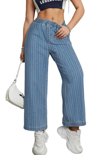 loveimgs Women Baggy Striped Denim Pants Elastic High Waisted Straight Leg Jeans Y2k Stripe Pull On Wide Leg Jeans Sweatpants