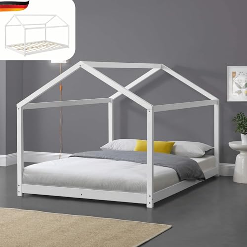 DELUKE® Kinderbett 140x200 cm FOGO - mit Lattenrost | Kiefernholz, Haus-Optik | Einzelbett Hausbett Kinderzimmer Bodenbett Montessori Bett | Weiß