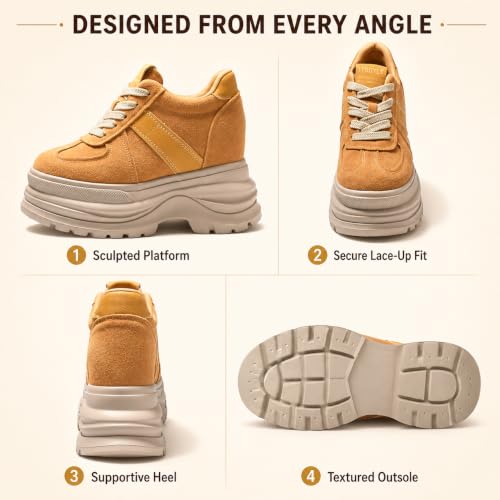 Image of Comfortable Women's Platform Sneakers, 5 Inch Heel Wedge Sneakers for Women, 12cm High Chunky Platform Shoes, Genuine Suede Leather Upper Casual Walking Shoes for Office Working Everyday wear