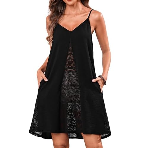 Totatuit Beach Dresses for Women Swimsuit Cover Ups Crochet Spaghetti Straps Summer Dress Bathing Suit Coverup Black