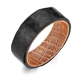 Adreamz 8mm Black Hammered Stainless Steel Ring Whiskey Barrel Wood Inner Hole Inlaid Fashion Promise Wedding Band for Men Women Comfort Ring Size 10