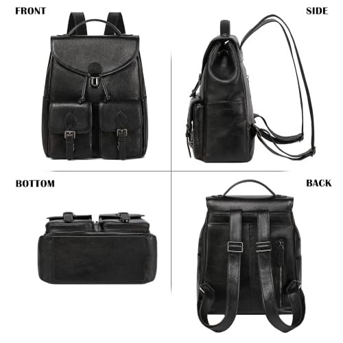 Image of COOLCY Women Vintage Genuine Leather Backpack Purse Fashion Rucksack Practical and Stylish Retro Daypack Bag (Black)