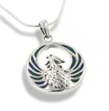 Blue Green Azurite Inlay Winged Fire Phoenix Sterling Silver Medallion Pendant with 18