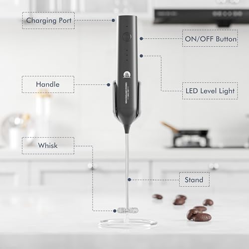 Image of Rechargeable Milk Frother, 3 Speed Frother Wand Handheld Foam Maker with 2-layer Stainless Steel Whisk for Making Cappuccinos, Lattes, Bulletproof Coffee, Keto Drinks, Protein Shakes, and Matcha