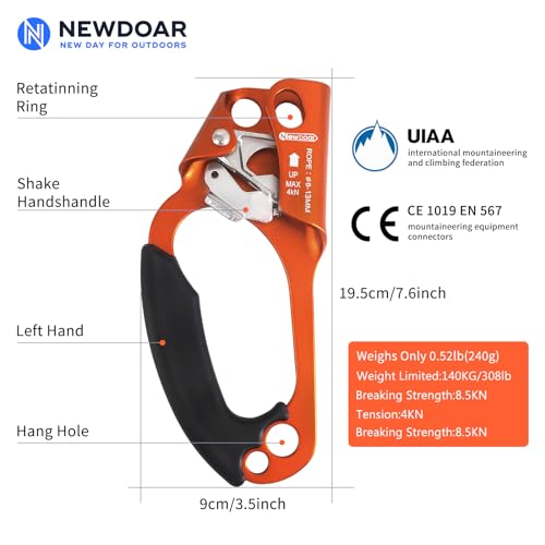 Image of NewDoar NewDoar Hand Ascender (Right Hand and Left Hand) Rock Climbing Tree Arborist Rappelling Gear Equipment Rope Clamp for 8~12MM Rope