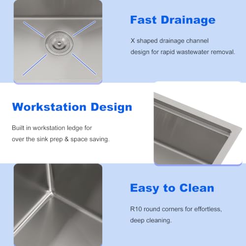 Image of 24 Inch Undermount Kitchen Sink, Workstation Single Bowl 24 x 19 Inch 16 Gauge Stainless Steel Under Counter Sink for Small Apartment Prep Kitchen, Laundry, Utility & RV with Cutting Board