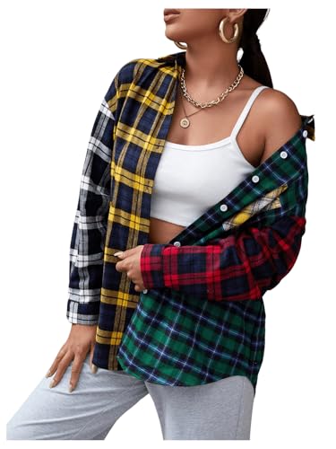 Floerns Women's Tartan Color Block Long Sleeve Plaid Button Down Blouse4