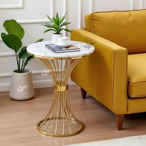 MELVON™ Round Side Table with White Marble Look Engineered Wood T...