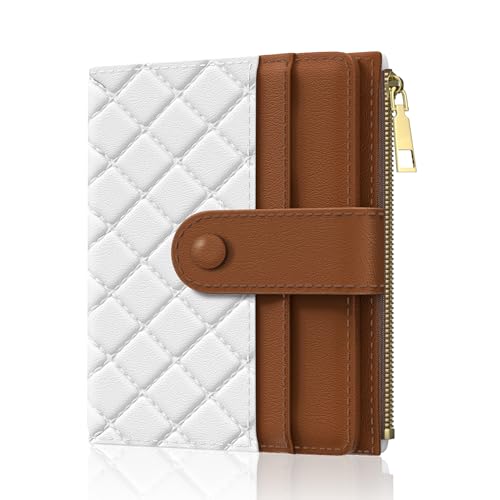 Womens Wallet, RFID Small Slim Wallets for Women, Compact Credit Card Holder, Cute Leather Bifold Ladies Purse with Zipper Coin Pocket and ID Window, White Brown