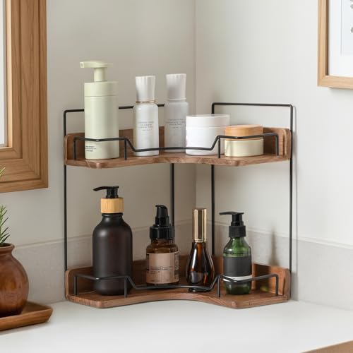 image for Snuvid 2-Tier Bathroom Counter Organizer, Wooden Corner Shelf for Vani