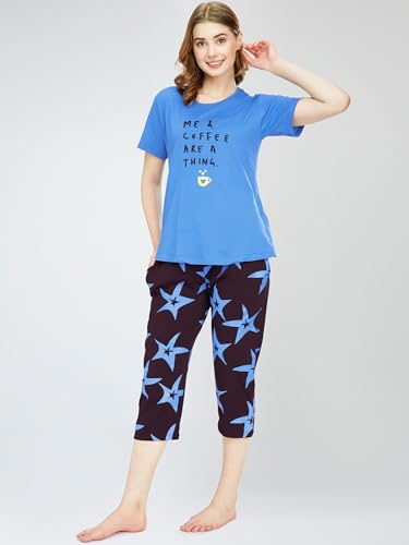Image of ZEYO Night Suit for Women's Star Printed Cotton Night Dress of Top and Capri Set 5746