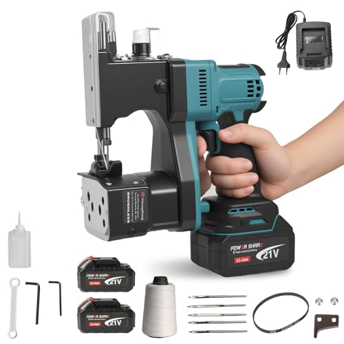 Machine à Coudre de Sacs Sans Fil 21V, Machine a coudre professionnelle Électrique Portative avec 2 Batteries 1500mAh, Coupe Fil Auto, pour Sacs en Plastique, Tissu, Jute et Papier Kraft