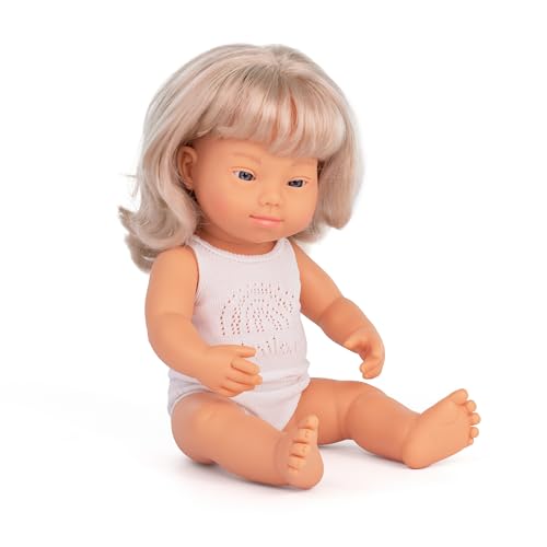 Image of Miniland Doll 15'' Caucasian Blonde Girl with Down Syndrome (Box) - Made in Spain, Anatomically Correct, Quality