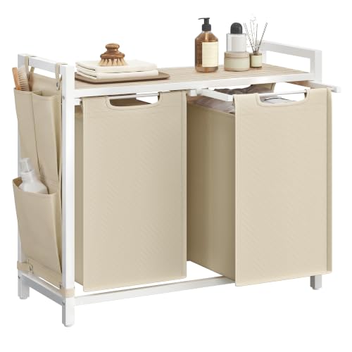 Image of VASAGLE Laundry Hamper, Laundry Basket Sorter with 2 Pull-Out and Removable Bags, Shelf, Metal Frame, 2 x 12.1 Gallons (46 L), 28.8 x 13 x 28.4 Inches, Cappuccino Beige and Natural Beige UBLH201LH01