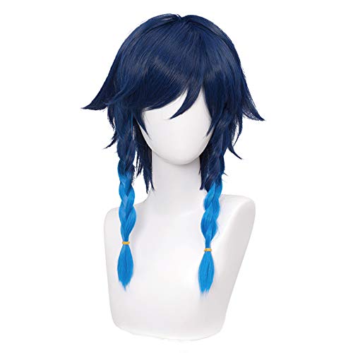 SL Navy Blue Wig for Venti Genshin Impact 2 Tone Anime Cosplay Hair Wigs with Braids Ponytails Bangs + Cap (Dark Blue)