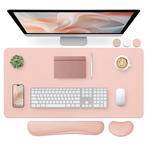 Image of Bloss Leather Desk Pad and Keyboard Wrist Rest, Large Mouse Pad + Keyboard Pad+Mouse Wrist Support, Non-Slip Desk Mat Protector for Office, Home(31.5x15.7 Inches,Pink)