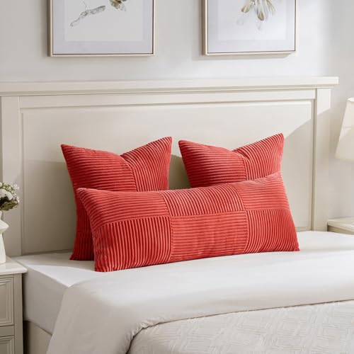 Image of Fancy Homi 2 Packs Red Decorative Throw Pillow Covers 18x18 Inch for Living Room Couch Bed Sofa, Rustic Boho Farmhouse Home Decor, Soft Corss Corduroy Patchwork Textured Square Cushion Case 45x45 cm