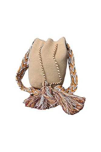 Genérico Bolso Wayúu Artesanal, Color Tierra con Borlas Decorativas, Tejido a Mano