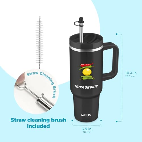 Image of MILTON Malmo 1200 Thermosteel Double Wall Vacuum Insulated Stainless Steel Tumbler with Handle 1100ml, Travel Mug with Straw,Silicon Cap,Cleaning Brush,Hot & Cold Beverage Flask,Totka Black