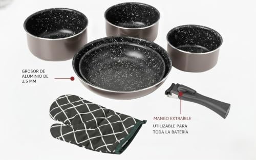 Miniatura 5 de Herzberg - Batería De Cocina - Set De 3 Ollas Inducción Y 2 Sartenes Antiadhesivas En Aluminio Forjado - Mangos Desmontables - Guante De Cocina Incluido - Compatible Todo Tipo De Fuegos - Cobre