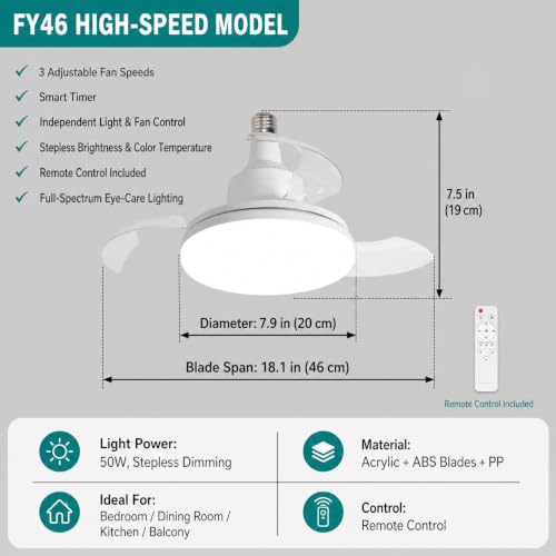 E26 Socket Fan Light with Remote, 20-Inch Retractable Ceiling Fan with Light, 3 Speeds, Dimmable 3CCT LED, Screw-in Fan for Bedroom, Kitchen, Garage, Dorm and Home Office by Generic - Used condition - Image 6