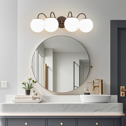 Image of Oil Rubbed Bronze Bathroom Vanity Light Fixtures Over Mirror 4 Lights