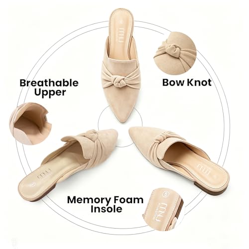 Image of MUSSHOE Mules for Women with Bow Knot: Pointed Toe Flats - Cloud-Cushion Suede Backless Loafers for Office & Casual Wear - Wide-Fit Friendly Slip On Slides with Memory Foam