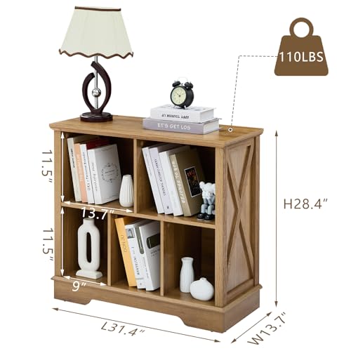 Farmhouse 5 Cube Bookshelf, Storage Organizer Bookcase, Kids Toy Storage Cabinet, Small Bookshelves Storage Organizer Shelf, Wood Display Cabinet Book Shelves for Bedroom,Living Room,Natural Oak