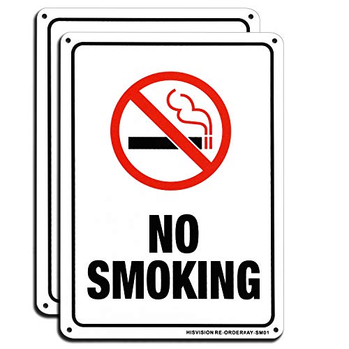 No Smoking Sign, 2 Pack No Smoking Aluminum Metal Reflective Signs, 10" x 7" .40 Rust Free Heavy Duty UV Printed- Professional Graphics- Easy to Mount, Stop Cigarette/Cigar Use by HISVISION.