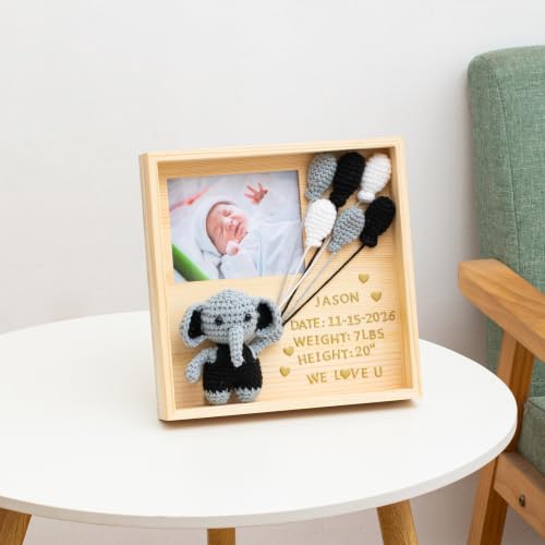 ONZGROW Personalized Baby Keepsake Frame with Crochet Elephant & Balloons, DIY Wooden Frame for 4x5 Photo,Newborn Birth Stats Display, Shower Gift for Expecting & New Moms, Nursery Decor — view 6
