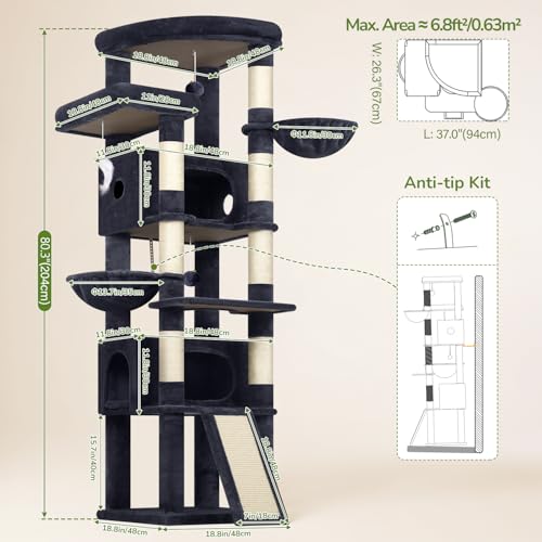Image of Globlazer Extra Large Heavy Duty Cat Tree, 80in Tall Sturdy Cat Tree Tower for Multiple Indoor Cats Large Adult with Scratching Posts, 2 Spacious Condos with Padding, 2 Soft Perches, S80C, Dark Grey