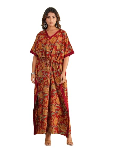 modi factory Women’s Floral Printed Kaftan Maxi Dress with Border | Cotton Bohemian Long Kaftan with Adjustable Drawstring Waist | Relaxed Fit Summer Lounge Wear. Maroon-picture-32