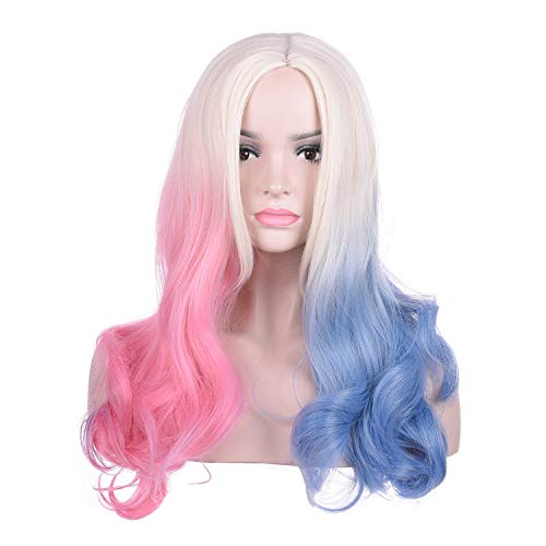 Deifor Long Wavy Pink Blue Blonde Ombre Wig for Women Cospaly, Halloween, Theme Party