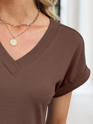 ANRABESS Womens Waffle Knit Tops 2026 Summer Casual Short Sleeve V Neck T Shirts Basic Work Tee Spring Vacation Blouses Brown Medium