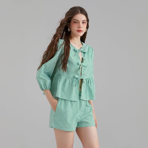 Image of Yuemengxuan Women Y2k Two Piece Plaid Lounge Sets Puff Sleeve Tie front Blouse Top High Waist Shorts Casual Pajamas Sets