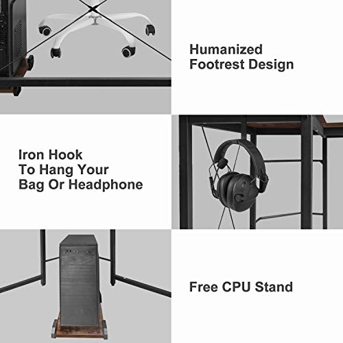 Auag Modern L-Shaped Home Office Desk With Iron Hook, 66 Inch Sturdy Computer Pc Laptop Table Corner Desk Workstation Larger Gaming Desk Easy To Assemble 66" X 47.5" X 29" (Vintage Wood) #TOP3