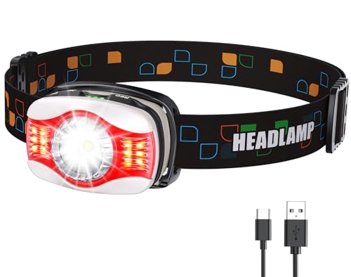 Glangeh Stirnlampe LED Wiederaufladbar mit 1200 mAh Akku, Superhell Kopflampe mit weiß- und Rotlicht 6 Lichtmodi, IPX4 Wasserdichte, 45°...