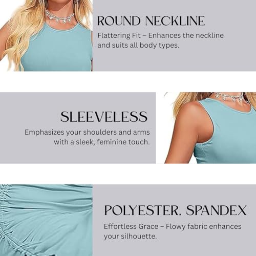 Image of LONDON BELLY Women's Solid Pattern Polyester Blend Bodycon Mini Dress with Drawstring Fitted Closure Type Round Neck and Sleeveless Thigh Length | One Piece Dresses for Women