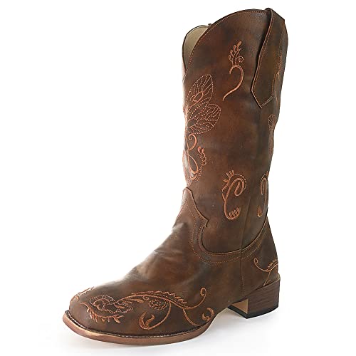Erocalli Western Boots Women Cowgirl Cowboy Riding Horse Boots Chunky Heel Mid Claf Boot Square Toe Embroidery Buckle English Riding Equestrian Boots