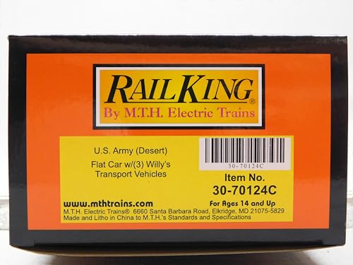 M.T.H. Electric Trains MTH RAILKING US Army Flat CAR W/Willy's Transport Jeep O Gauge 30-70124 (70124C-609030)