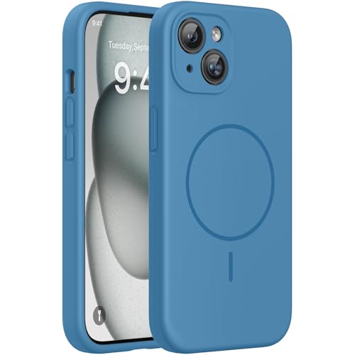 Image of Miracase Magnetic for iPhone 15 Plus Case, [Soft Anti-Scratch Microfiber Lining], Compatible with MagSafe, Liquid Silicone Shockproof Drop Protection Phone Case for 15 Plus, Capri Blue