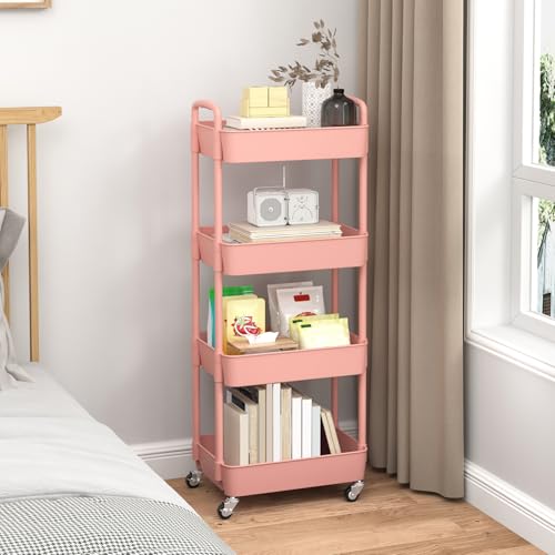Image of Sywhitta 4-Tier Plastic Rolling Utility Cart with Wheels for Storage, Pink | Multi-Functional Storage Trolley, for Office, Living Room, Kitchen, Bathroom,Movable Organizer,Space-Saving,Easy to assemble